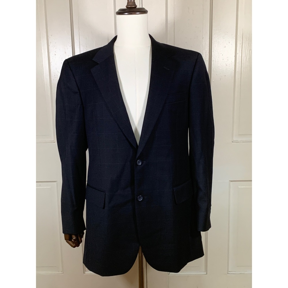 Jos A Bank Blazer Mens 40L Navy Blue Wool Windowpane Two Button Sport Coat